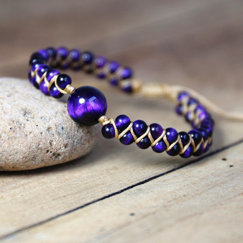 Handmade Natural Stone Charm Bracelets Purple Tiger Eye String Braided Bracelets Friendship Wrap Bracelet Femme Women Jewelry ► Photo 1/6