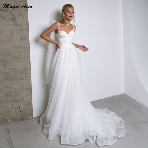 Magic Awn Simple White Tulle Wedding Dresses Boho Bow Spaghetti Straps A-Line Beach Wedding Party Gowns Abito Da Sposa 2022 ► Photo 1/6