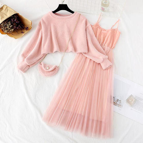 Autumn Winter Suit Women Dress Two Piece Set Casual 0-Neck Sweet Sling Mesh Midi Dress Long Sleeve Elegant A-line Vestidos ► Photo 1/6