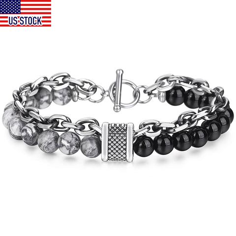 Davieslee Bracelet for Men Glass Map Stone Beads Chain Cut Cable Link Stainless Steel Black Gunmetal Tone Mens Bracelets DDB33 ► Photo 1/6