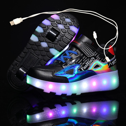 Two Wheels Luminous Sneakers Black Red Led Light Roller Skate Shoes for Children Kids Led Shoes Boys Girls Shoes Light Up 28-43 ► Photo 1/6