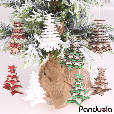 3D Xmas Tree Pendants Hanging Wooden DIY Christmas Decoration Home Party Decor