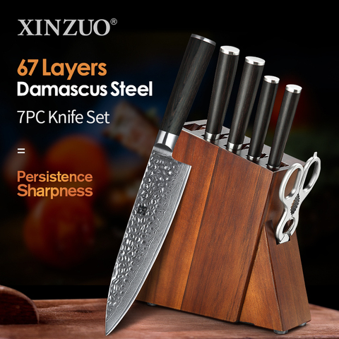 XINZUO 7 PCS Professional Damascus Steel Kitchen Knife Sets Acacia Wood Kitchen Knife Holder Chef's Gift Slicing Santoku Tool ► Photo 1/1