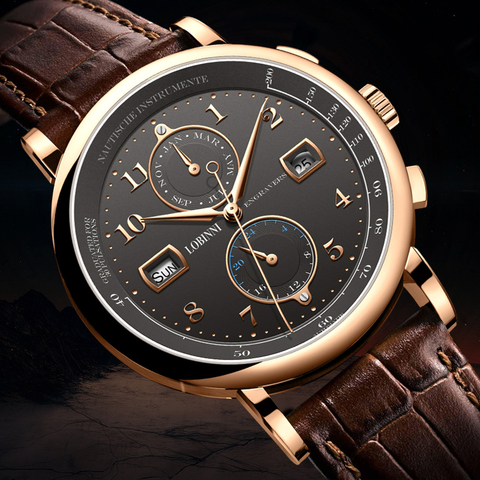 LOBINNI Business Watch Top Brand Luxury Fashion Man Leather Waterproof 50M Male Mechanical Wristwatch with Date Display Watches ► Photo 1/6