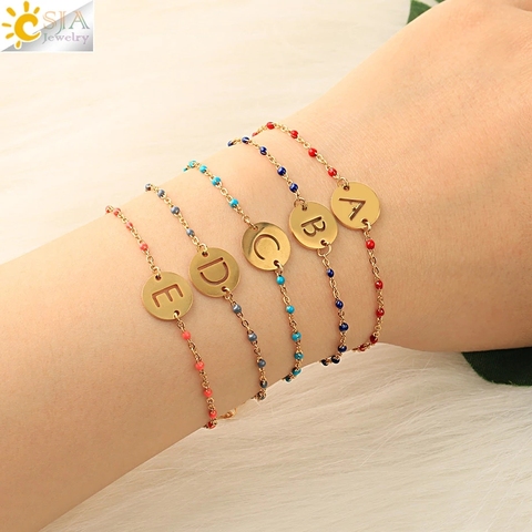 CSJA Gold Color Stainless Steel Bracelet for Women Beaded Beads Initial Letter Bracelets Dainty Jewelry Pulsera Fashion S691 ► Photo 1/6