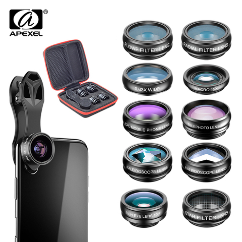 APEXEL Phone Camera Lens 10 in 1 Kit Wide Fisheye Telephoto Macro Lens With Remote Shutter for iPhone Samsung Most Smartphones ► Photo 1/6