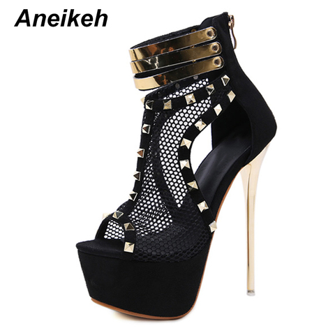 Aneikeh 2022 Mesh Fashion Women Rivets Platforms Boots Square High Heels Shoes Zip Open toe Sexy Boots Solid Party Size 34-40 ► Photo 1/6