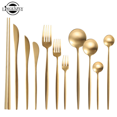 Gold Cutlery Set 304 Stainless Steel Cutlery Set Chopsticks Butter Knife Dessert Spoon Dinner Fork Tea Ice Spoon Tableware Set ► Photo 1/6