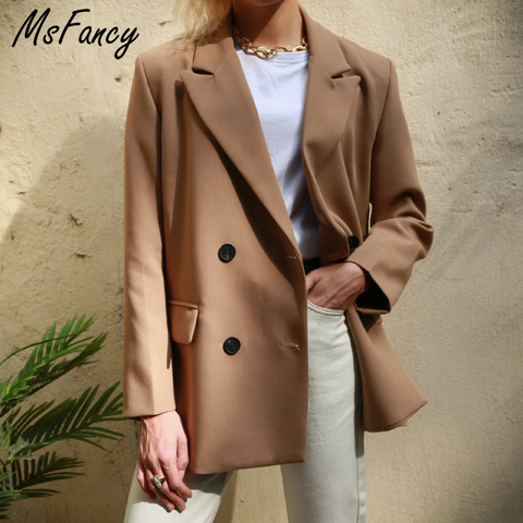 2022 Khaki Elegant Blazer Women Double Breasted Suit Blazer Official Ladies Loose Jacket MS001 ► Photo 1/6