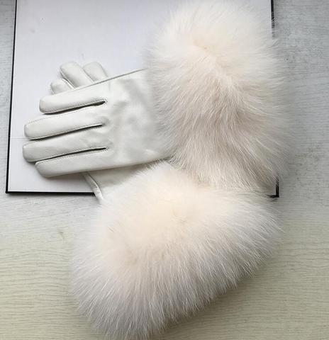 Women's natural big fox fur genuine leather glove lady's warm natural sheepskin leather plus size white driving glove R2451 ► Photo 1/6