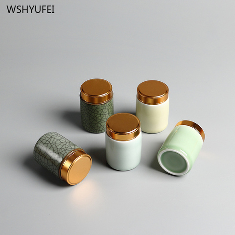 Celadon metal screw cap mini tea can small convenient travel hotel small pot tea box ceramic powder rouge lipstick storage tank ► Photo 1/6