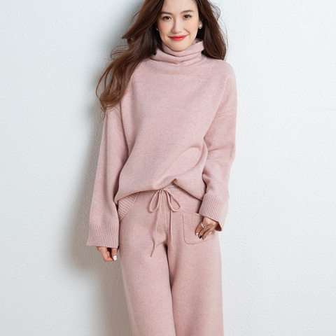 2022 autumn and winter new pure cashmere suit female turtleneck sweater two-piece fashion loose knitted wool wide leg pants ► Photo 1/5
