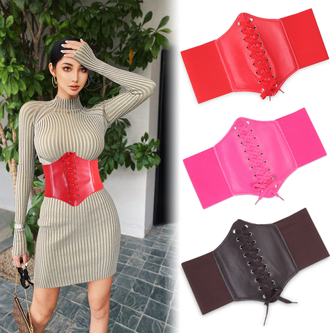 Charm Wide Corset Waistband with Lace Up Women Girl Multi-colored PU Leather Band Elastic Stretch Cinch Waist Belt ► Photo 1/1