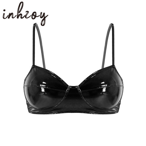 Women Black Soft Faux Leather Sexy Lingerie No Pad Bralette Push up Bra Tops for Female Nightclub Party Performance Rave Costume ► Photo 1/6