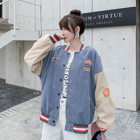 Japanese Sweet Harajuku Loose Women Baseball Uniform Jacket  Autumn Winter Corduroy Fashion Splicing Long Sleeve Epaulettes Tops ► Photo 1/6