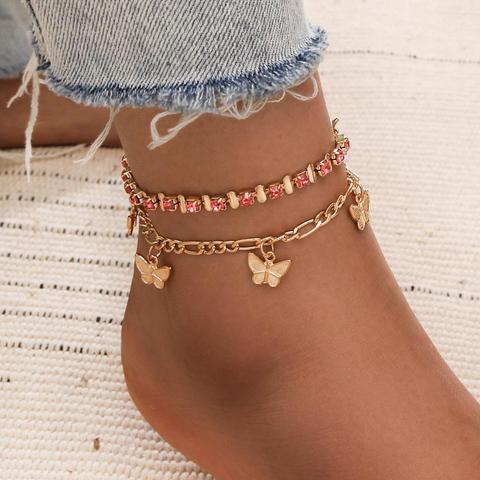 Iced Out Crystal Rhinestones Butterfly Pendants Anklet Chain For Women in  2023