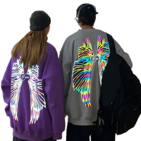 Autumn Men Colorful Laser Reflective Angel Wings Long-Sleeved Pullover Hoody Men Women Couple Oversize Loose Matching Sweatshirt ► Photo 1/6