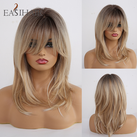 EASIHAIR Synthetic Wigs for Women Ombre Brown Blonde Wigs with Bangs Layered Cosplay Wigs Heat Resistant Medium Length wig ► Photo 1/6