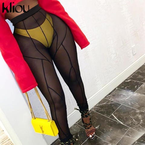 Kliou Mesh See Through Pants Women 2022 Hot Sexy High Waist Patchwork Sheer Leggings Body-shaping Baddie Style Skinny Trousers ► Photo 1/6