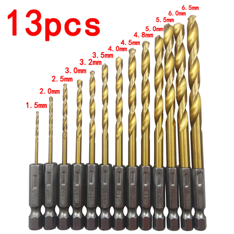 High quality 13pcs HSS hexagonal handle 6.35 mm twist drill electric screwdriver bit    1.5 - 6.5 ► Photo 1/6