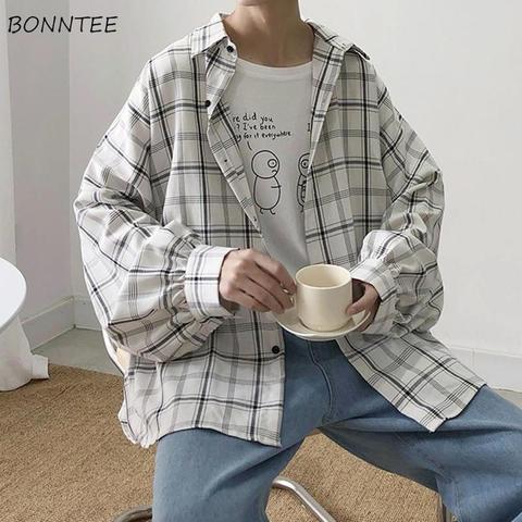 Men Casual Shirts Plaid Single Breasted Long Sleeve Plus Size 3XL Loose Korean Chic Fashion Oversize All-match Thin Outwear BF ► Photo 1/6