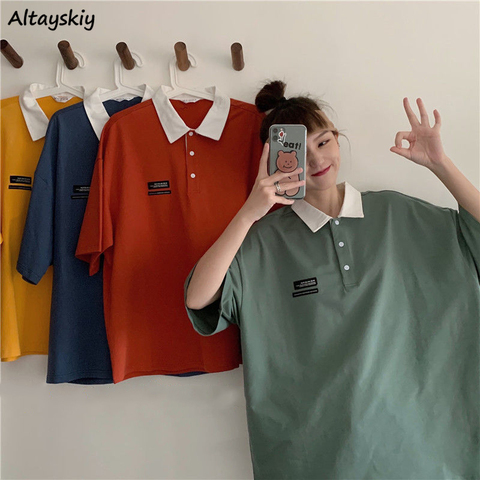 Short Sleeve T-shirts Womens Harajuku Oversize Turn-down Collar Couple Loose Korean Style Streetwear Daily Basic Tees Femme Tops ► Photo 1/6