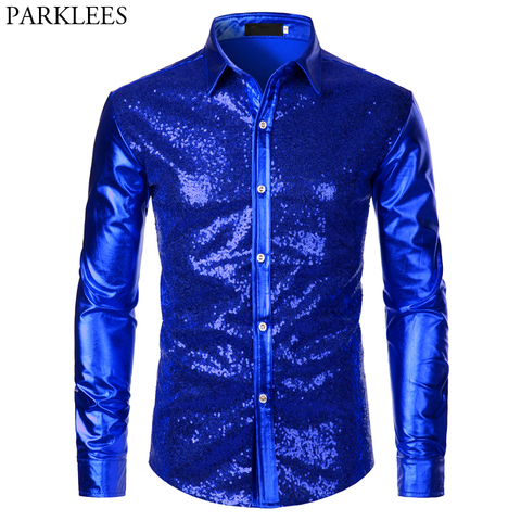 Luxury Royal Blue Sequin Metallic Dress Shirts Men 2022 New Long Sleeve 70's Disco Party Shirt Male Christmas Halloween Costume ► Photo 1/6