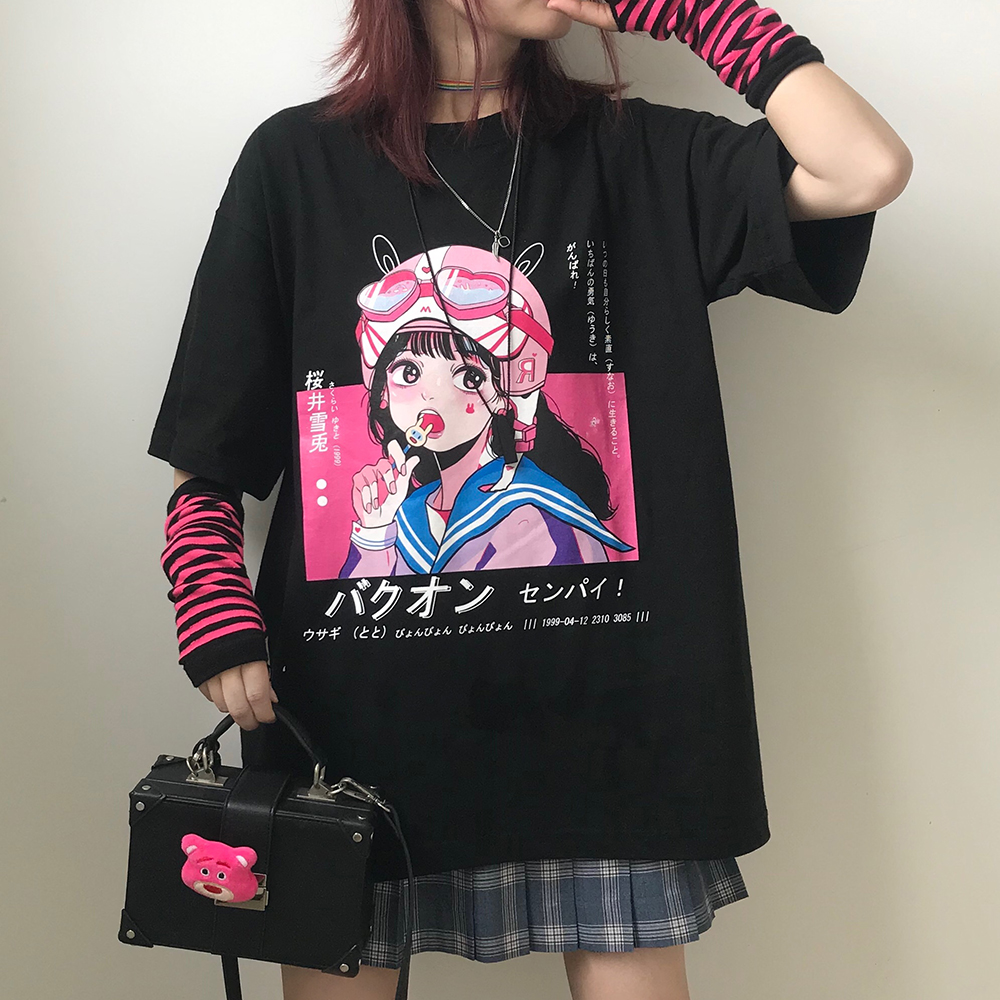 Pink Cute Cartoon Sweet Girls Japanese Streetwear Harajuku Y2K Kawaii  Casual Top Ulzzang Vintage Chic Loose Summer Women T-shirt