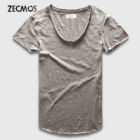 Zecmos Fashion Men T-Shirt With V Neck T Shirts For Men Male Luxury Cotton Plain Solid Curved Hem Top Tees Short Sleeve ► Photo 1/6