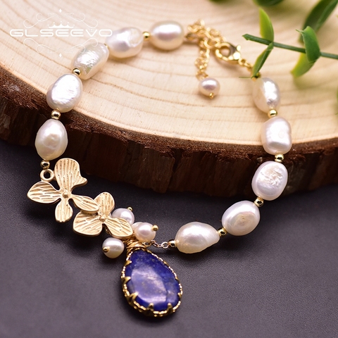 GLSEEVO Original Design White Fresh Water Baroque Pearl Lapis Lazuli Charms Bracelet For Women Anniversary Luxury Jewelry GB0209 ► Photo 1/5