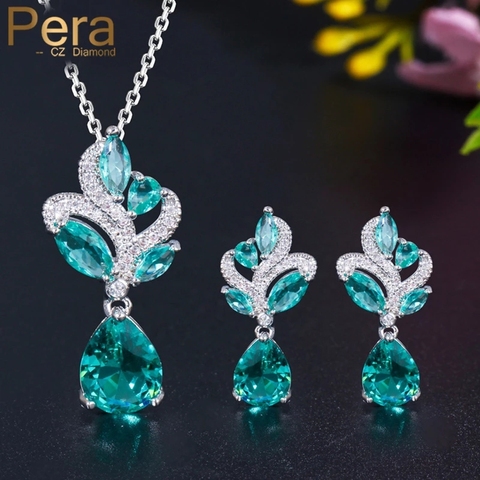 Pera Elegant Korean Style Light Blue Cubic Zirconia Women Fashion Pendant Leaf Necklace Water Drop Earrings Jewelry Sets J151 ► Photo 1/6