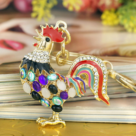 Pretty Cute Opals Cock Rooster Chicken Keychains Crystal Bag Pendant Rhinestone Luxury Key Chains Ring Gift for Women  K131 ► Photo 1/6