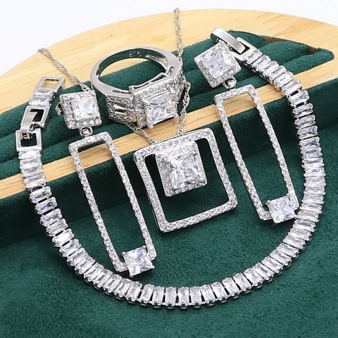 Luxury White Zircon 925 Silver Jewelry set for Women Bracelet Long Earrings Necklace pendant Ring ► Photo 1/6
