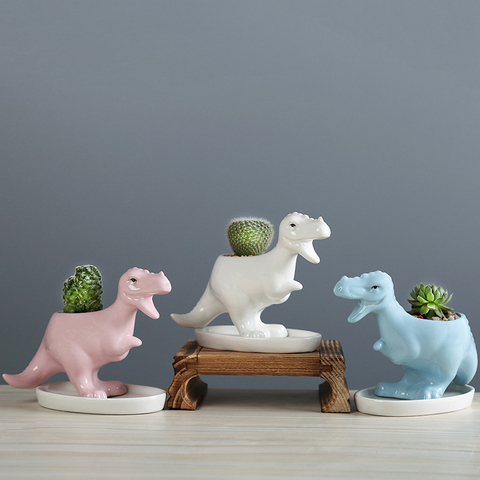 White Ceramic Tyrannosaurus Dinosaur Planter with Tray Creative Flower Pot for Succulents Plants Pots Home Garden Desktop Decor ► Photo 1/6