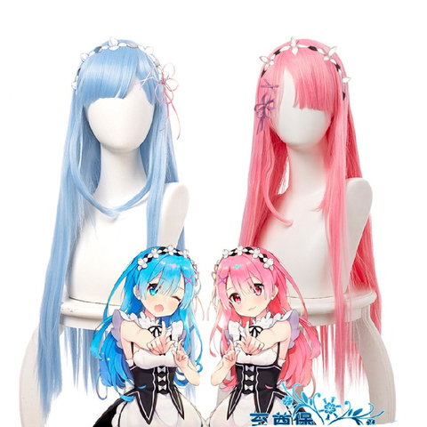 Re Life In A Different World From Zero Rem Ram Pink Blue Long Straight Cosplay Synthetic Hair Halloween Party Carnival + Wig Cap ► Photo 1/4