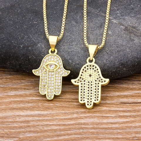 Hpt Sale Women Men Hamsa Hand Necklace Gold Color Copper Zircon Evil Eye Pendant & Chain Hip Hop Turkish Luck Jewelry ► Photo 1/6