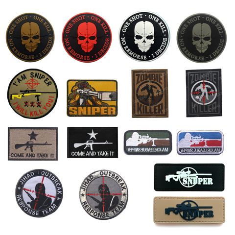 Tactical Airsoft Patch ONE SHOT ONE KILL NO REMORSE I DECIDE Tactical military badges Death Skull DEVGRU sniper patches ► Photo 1/6
