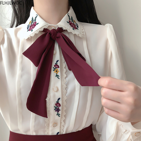 Retro Vintage Embroidery Bow Tie Tops Autumn Basic Wear Elegant Formal Single Breasted Button Solid White Shirts ► Photo 1/6