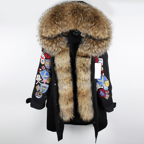 MaoMaoKong X-Long Embroidery Large real Fur Hooded Parkas Coat natural Fur women Military Jacket ► Photo 1/6