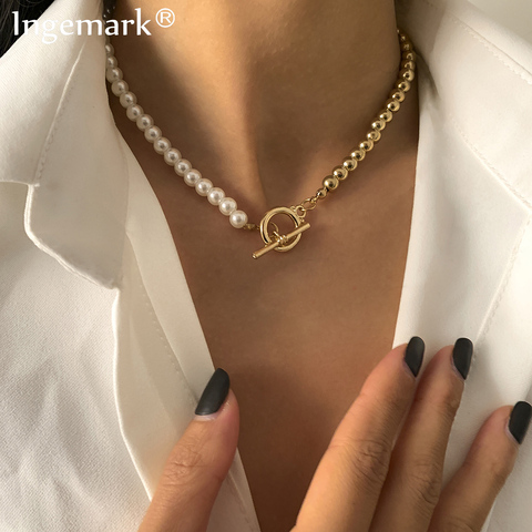 2022 New Fashion Baroque Pearl Chain Necklace Women Collar Wedding Punk Toggle Clasp Circle Lariat Bead Choker Necklaces Jewelry ► Photo 1/6