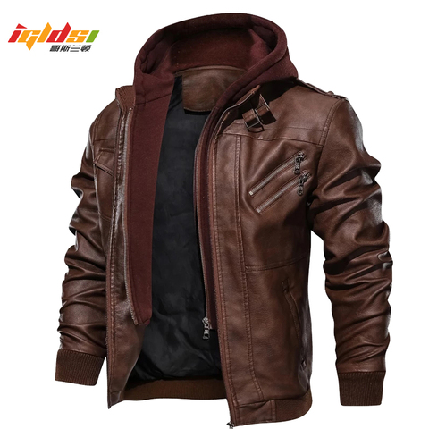 Men's Autumn Winter Motorcycle Leather Jacket Windbreaker Hooded  Jackets Male Outwear Warm Baseball Jackets Plus Size 3XL ► Photo 1/6
