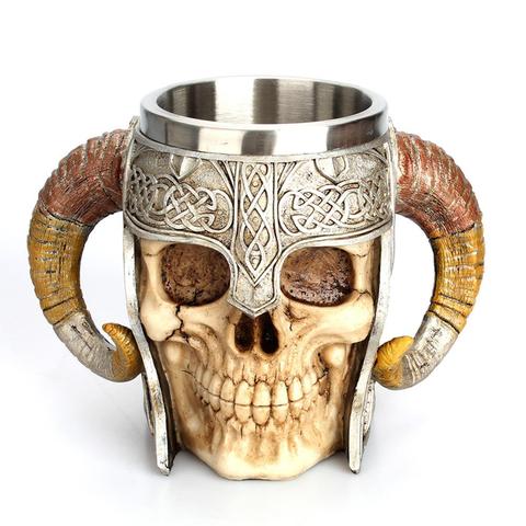 450ml Skull Coffee Mug Retro Horn Skull Resin Beer Mug Stainless Steel Cups and Mugs Halloween Gifts Bar Cup Drinking Tumbler ► Photo 1/6