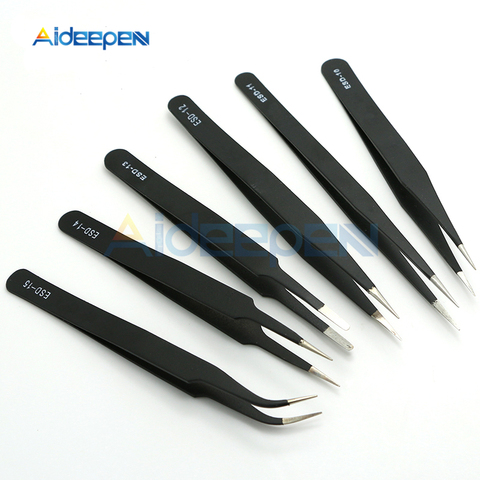 6Pcs/set Anti-static ESD Stainless Steel Tweezers Maintenance Tool Industrial Precision Curved Straight Tip Tweezers Repair Tool ► Photo 1/6