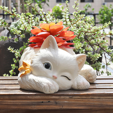 Cute Animal White Cat Bonsai Flower Pot Ceramics Succulent Plant Poted Balcony Potted Garden Home Vase Micro Landscape Decor ► Photo 1/6