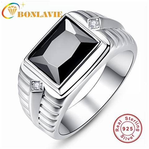 BONLAVIE 925 Sterling Silver Created Created Black Onyx Men's Ring for Wedding and Engagement ► Photo 1/6