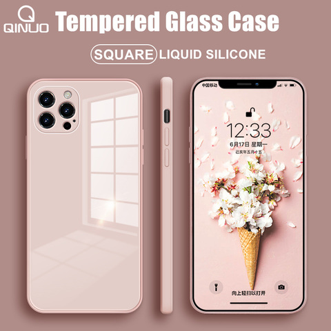 Square Tempered Glass Phone Case for iPhone 12 Mini 11 Pro Max SE 2 X XR XS Max 8 7 Plus 12 Pro Anti-knock Liquid Silicone Cover ► Photo 1/6