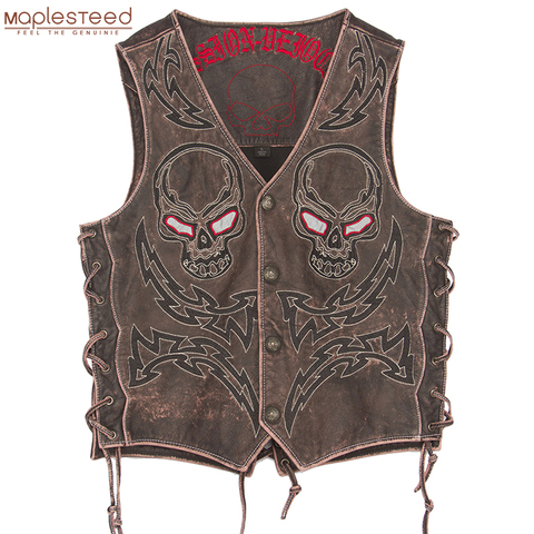 Vintage Skulls Embroidery Motorcycle Leather Vest 100% Genuine Cowhide Short Men Biker Leather Vest Moto Leather Waistcoat M450 ► Photo 1/6