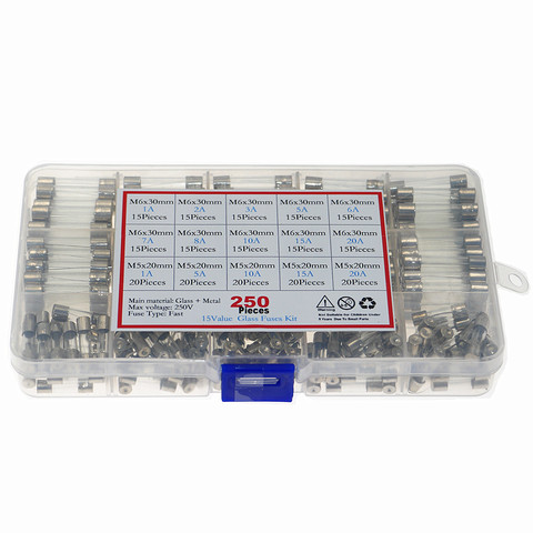 250Pcs/box Set Kit Glass Fuses 5x20mm 6x30mm Fuse Assorted Kits Quick Blow Glass Tube Fast-blow Glass Fuses 1-20A 250v ► Photo 1/4