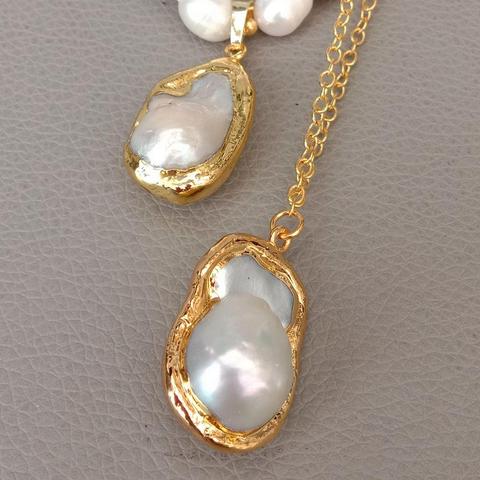 YYGEM 19'' White Cultured Rice Pearl Gold plated Chain statement Necklace White Keshi Pearl Pendant necklace ► Photo 1/6