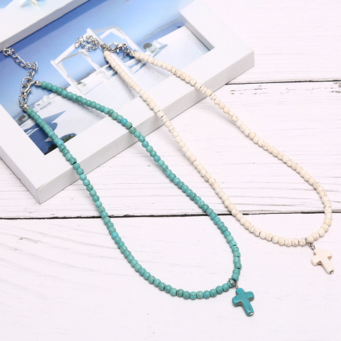 Natural Turquoises Stone Chokers Necklaces For Women Charm Light Blue&White Pendant Necklace Prayer Cross Necklace ► Photo 1/6
